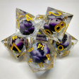 Liquid Core Dragon Eye Dice Kit - Translucent with Purple and White Dragon Eye in Black Suedecloth Pouch Online Hot Sale